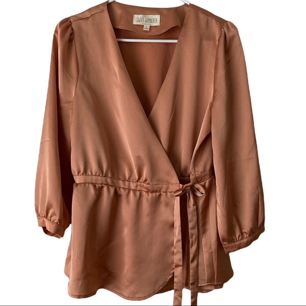Sweet Wanderer Copper Wrap Blouse with Faux Satin Look and Feel Size Large - Picture 1 of 9